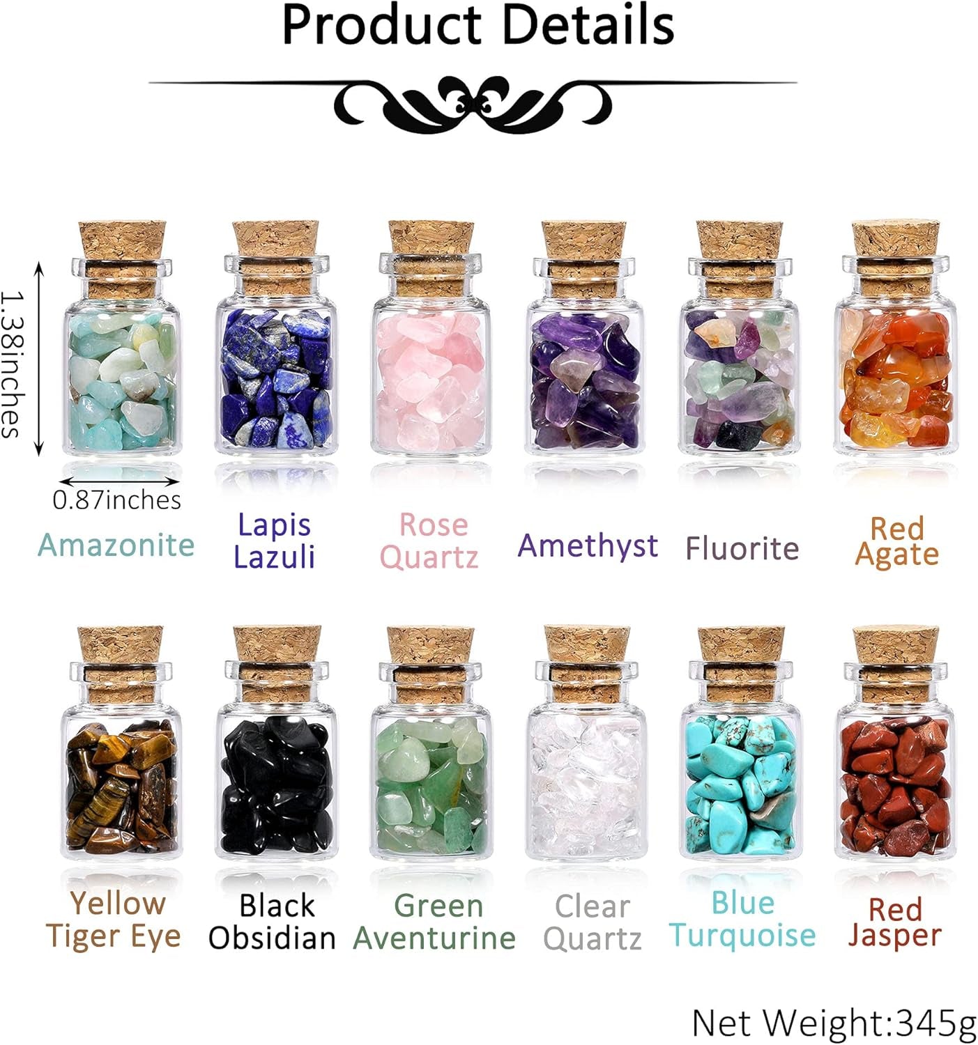 12 Crystal Gemstone Bottles Reiki Chip Crystals for Witchcraft Healing Tumbled Gem Wicca Stones Set with Gift Box for Meditation Home Decoration Christmas Gift (12Pcs)