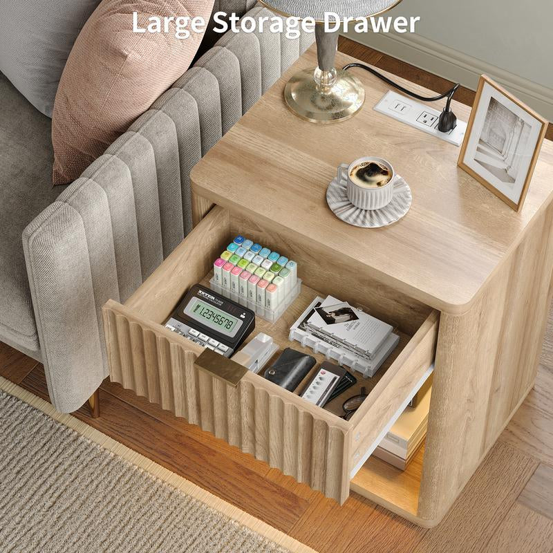 FUSOU Night Stand with Charging Station, Large LED Nightstand with Drawer and Storage Shelf, Lighting Modes Adjustable, Modern Wood Nightstand Side Table End Table for Bedroom, Living Room, Oak