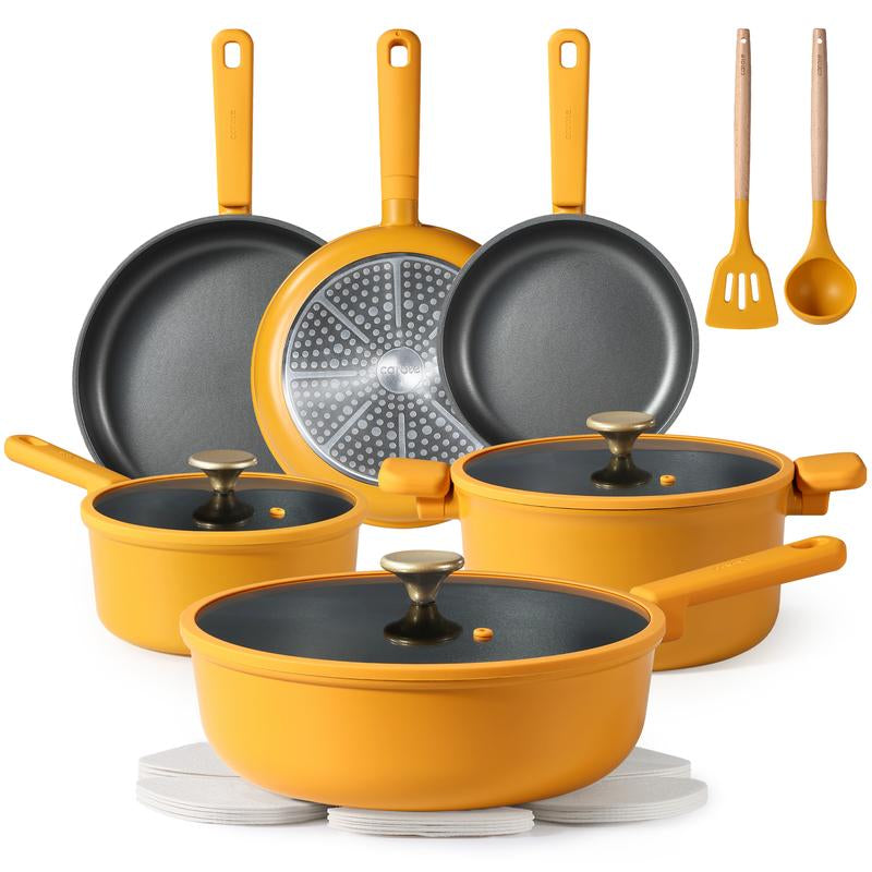 [Official] CAROTE 16Pcs Nonstick Cookware Set, Pots and Pans, Premium Induction Cookware, Durable & Easy to Clean, Large Frying Pan, Rose Pink& Lemon Drop