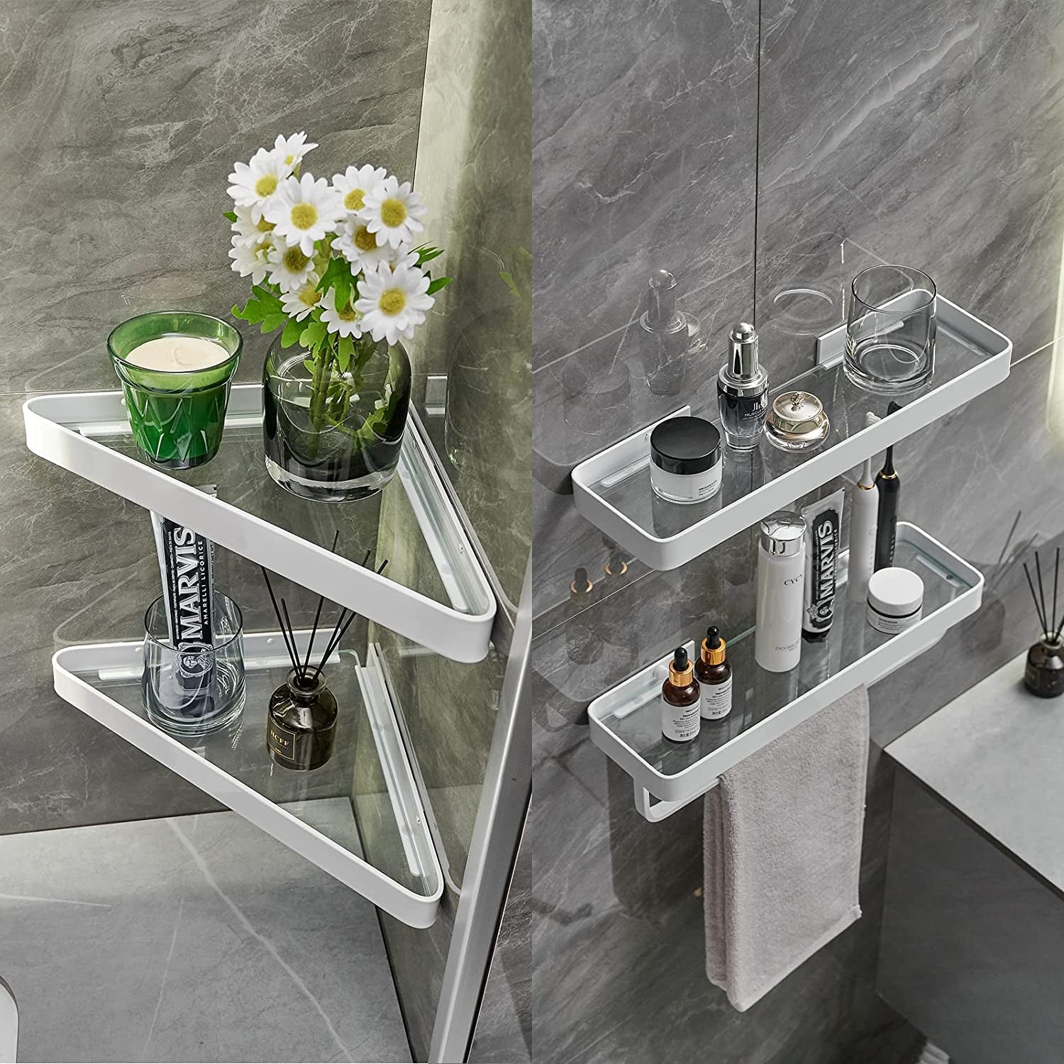Bathroom Shelves Wall Mounted Glass Corner Shower Shelf for Bathroom Floating Shelf Tempered Glass Wall Organizer 2-Tier(White)