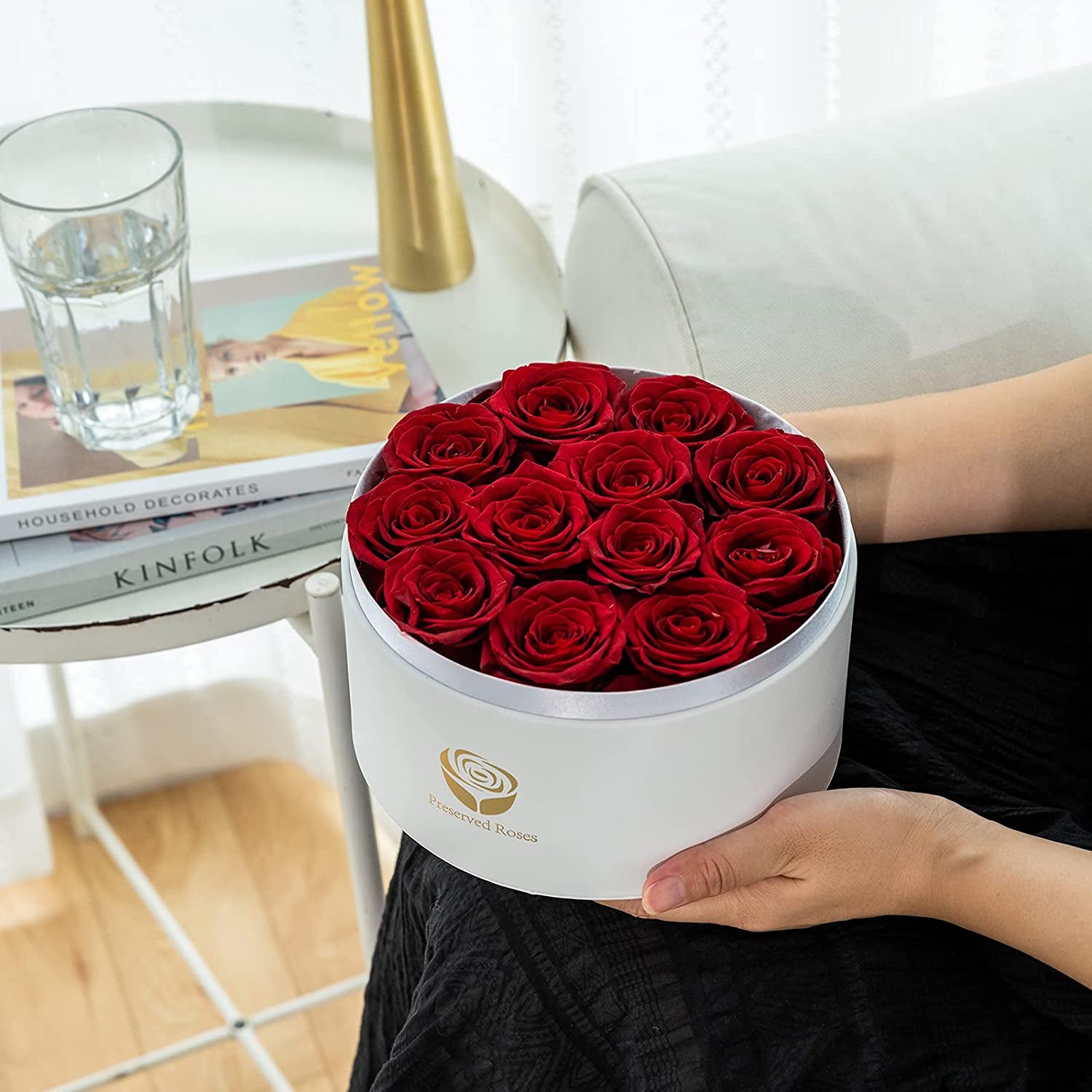 Preserved Real Roses in a Box, Rose Box Gifts for Her, Eternal Roses in a Box, Romantic Gifts for Her, Gift Box for Her/Women/Mother/Friend (12 Red Roses, round White Box)