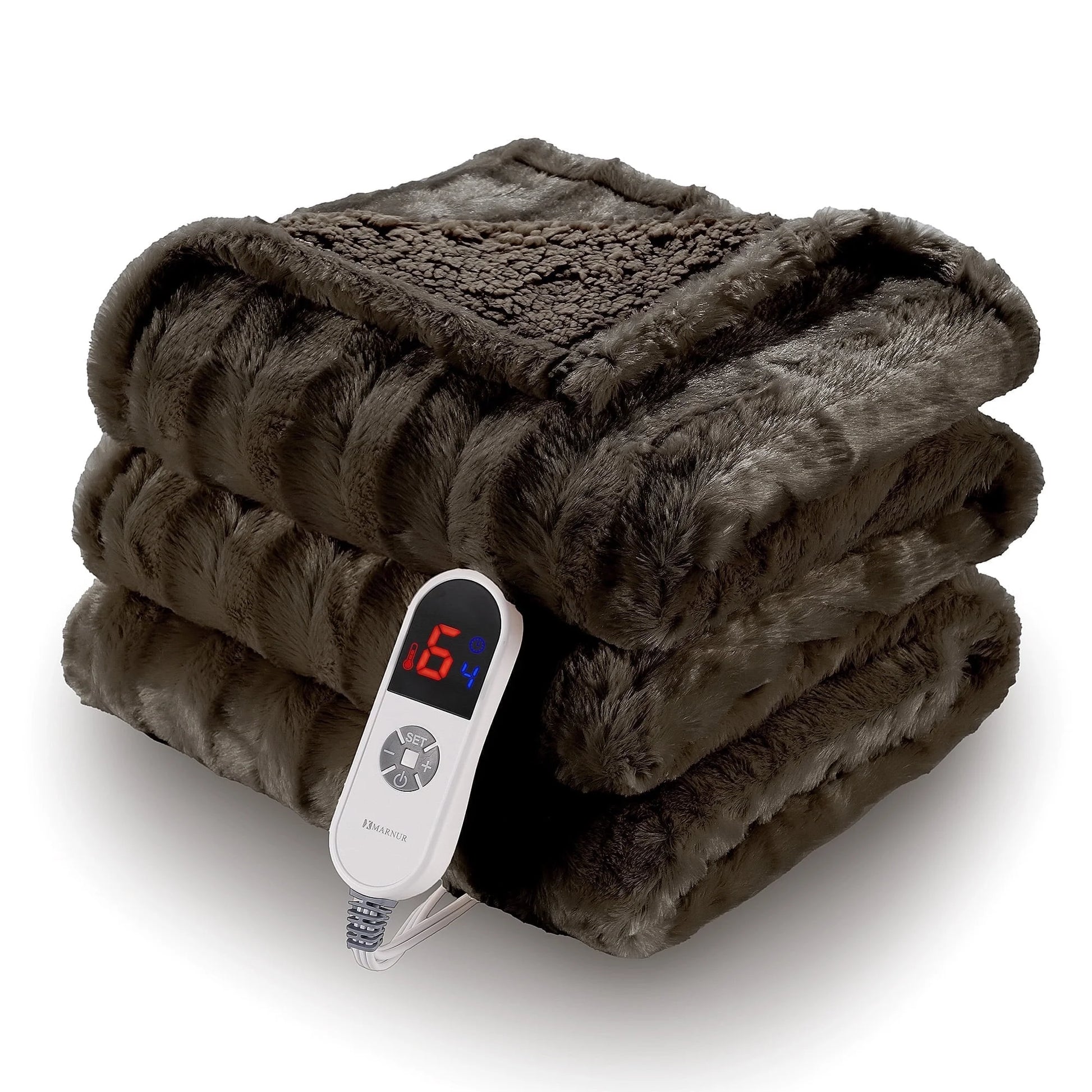 Electric Throw Blanket Extra Large Size, 60" X 70" Soft Faux Fur Heated Throw Blanket, 6 Heating Levels, 4 Hours Timer - Brown