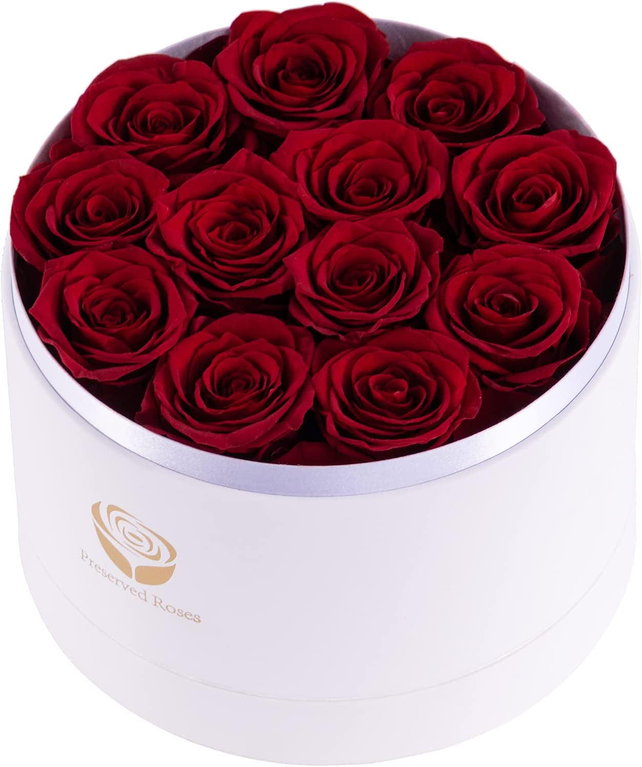 Preserved Real Roses in a Box, Rose Box Gifts for Her, Eternal Roses in a Box, Romantic Gifts for Her, Gift Box for Her/Women/Mother/Friend (12 Red Roses, round White Box)