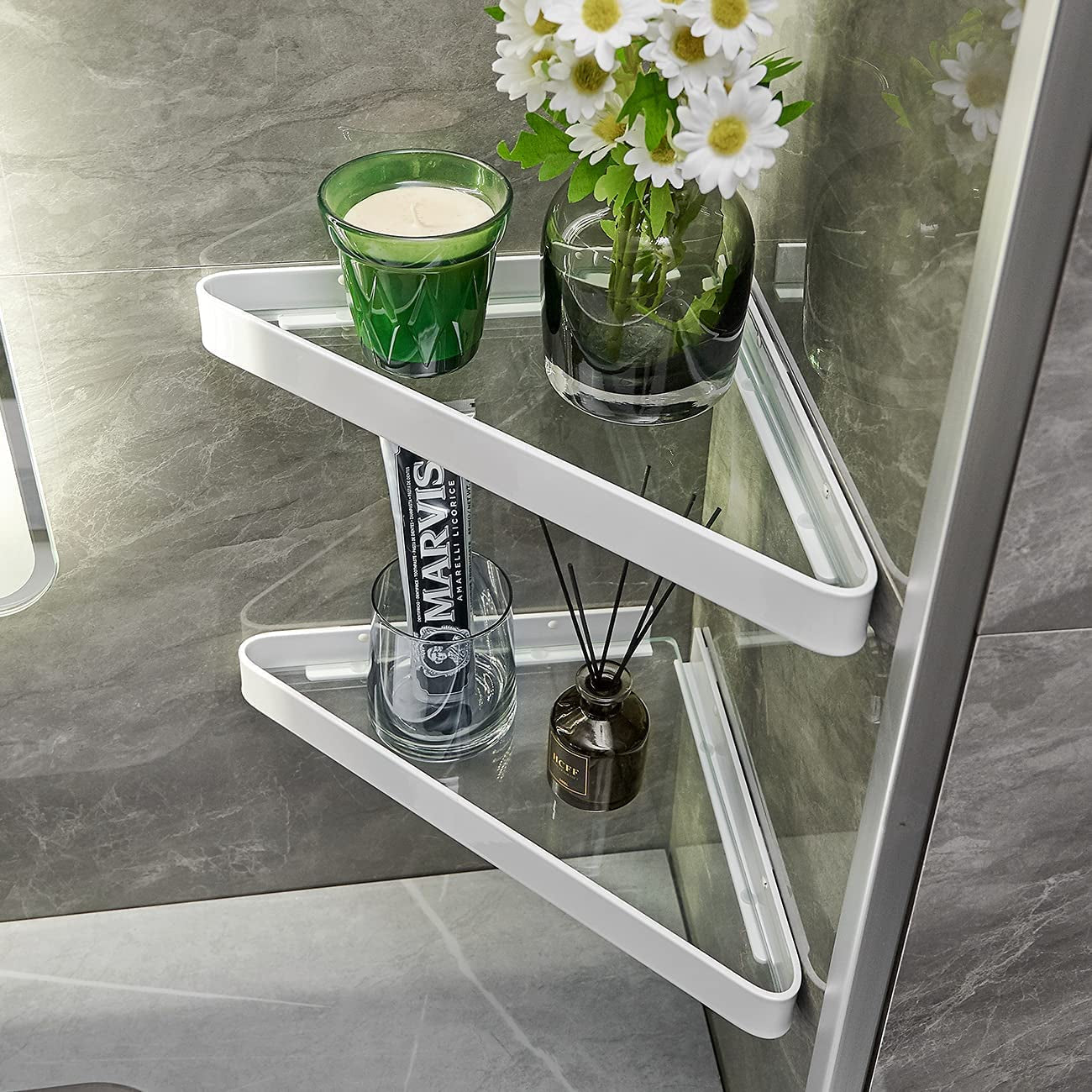 Bathroom Shelves Wall Mounted Glass Corner Shower Shelf for Bathroom Floating Shelf Tempered Glass Wall Organizer 2-Tier(White)