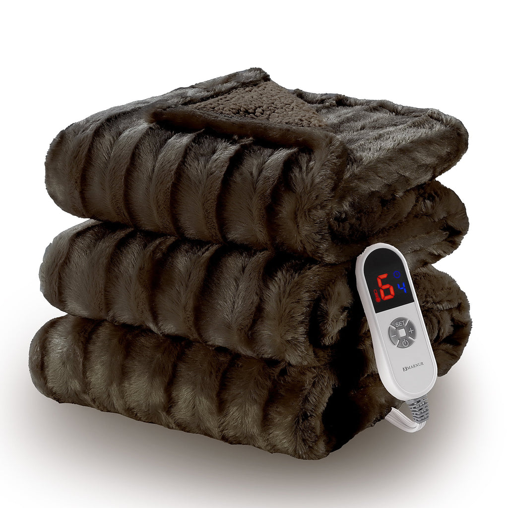 Electric Throw Blanket Extra Large Size, 60" X 70" Soft Faux Fur Heated Throw Blanket, 6 Heating Levels, 4 Hours Timer - Brown
