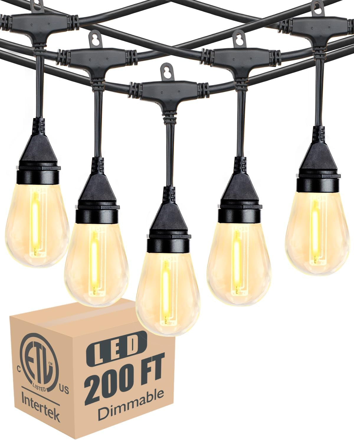 200FT Outdoor String Lights, LED Bistro String Lights with Shatterproof S14 Vintage Bulbs, 2200K Dimmable, Waterproof Hanging Lights for Porch, Deck, Garden, Backyard, Balcony - ETL Listed