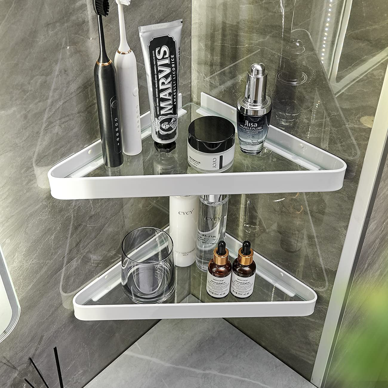 Bathroom Shelves Wall Mounted Glass Corner Shower Shelf for Bathroom Floating Shelf Tempered Glass Wall Organizer 2-Tier(White)