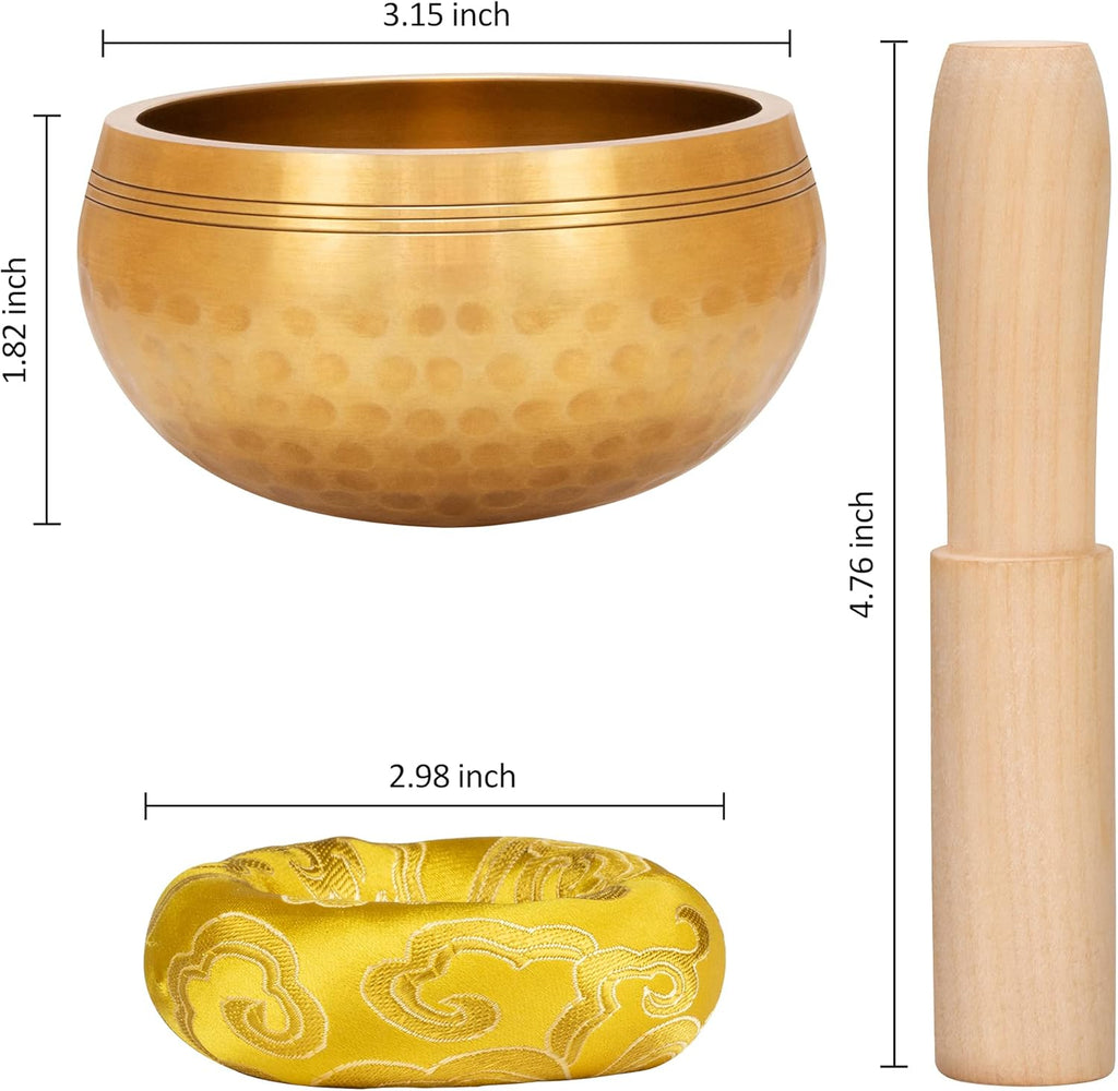 Tibetan Brass Singing Bowl Set — Healing Sound Bowl Made in Nepal for Meditation and Mindfulness (YELLOW)