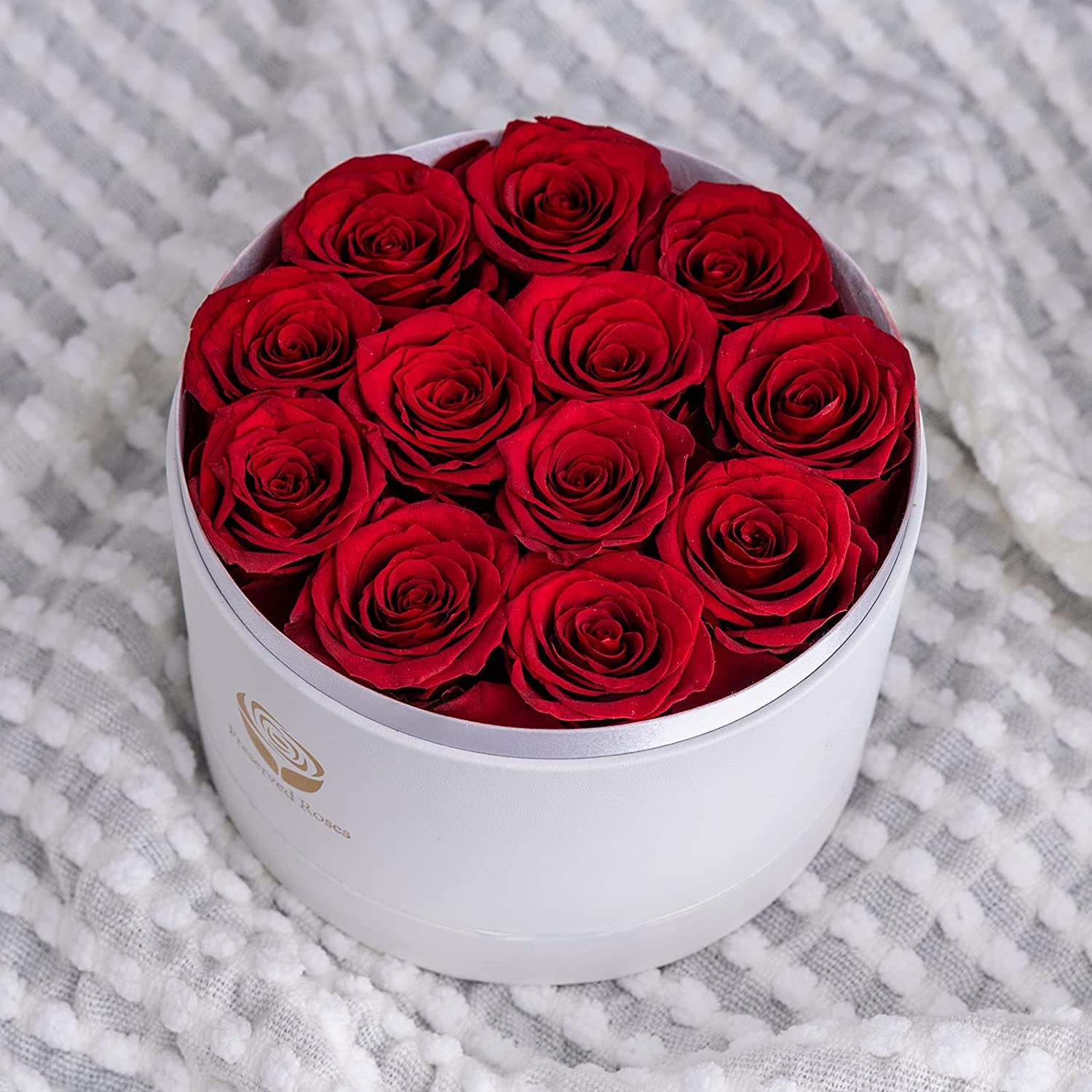 Preserved Real Roses in a Box, Rose Box Gifts for Her, Eternal Roses in a Box, Romantic Gifts for Her, Gift Box for Her/Women/Mother/Friend (12 Red Roses, round White Box)
