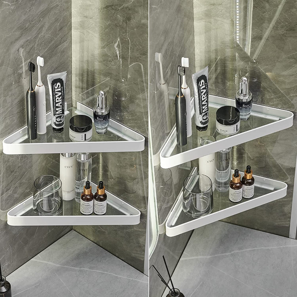 Bathroom Shelves Wall Mounted Glass Corner Shower Shelf for Bathroom Floating Shelf Tempered Glass Wall Organizer 2-Tier(White)