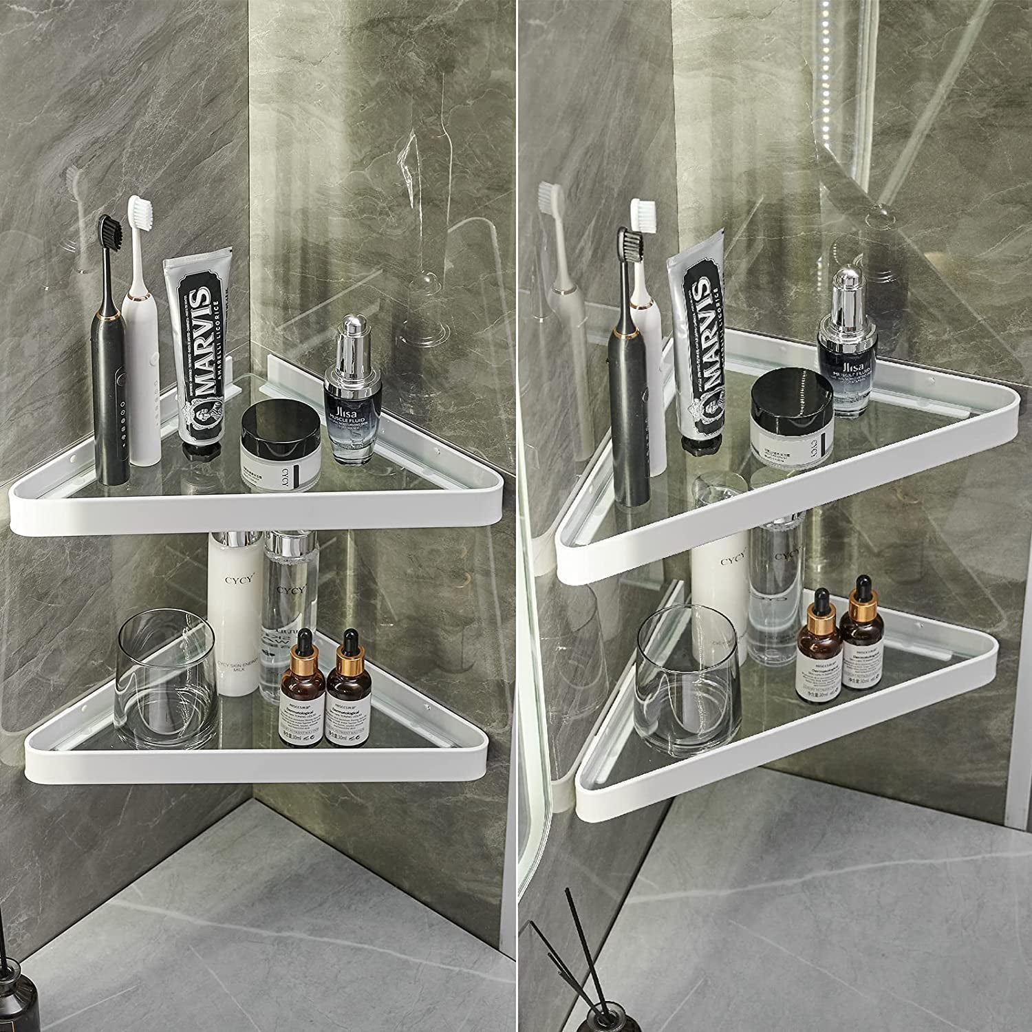 Bathroom Shelves Wall Mounted Glass Corner Shower Shelf for Bathroom Floating Shelf Tempered Glass Wall Organizer 2-Tier(White)