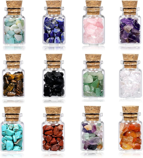 12 Crystal Gemstone Bottles Reiki Chip Crystals for Witchcraft Healing Tumbled Gem Wicca Stones Set with Gift Box for Meditation Home Decoration Christmas Gift (12Pcs)