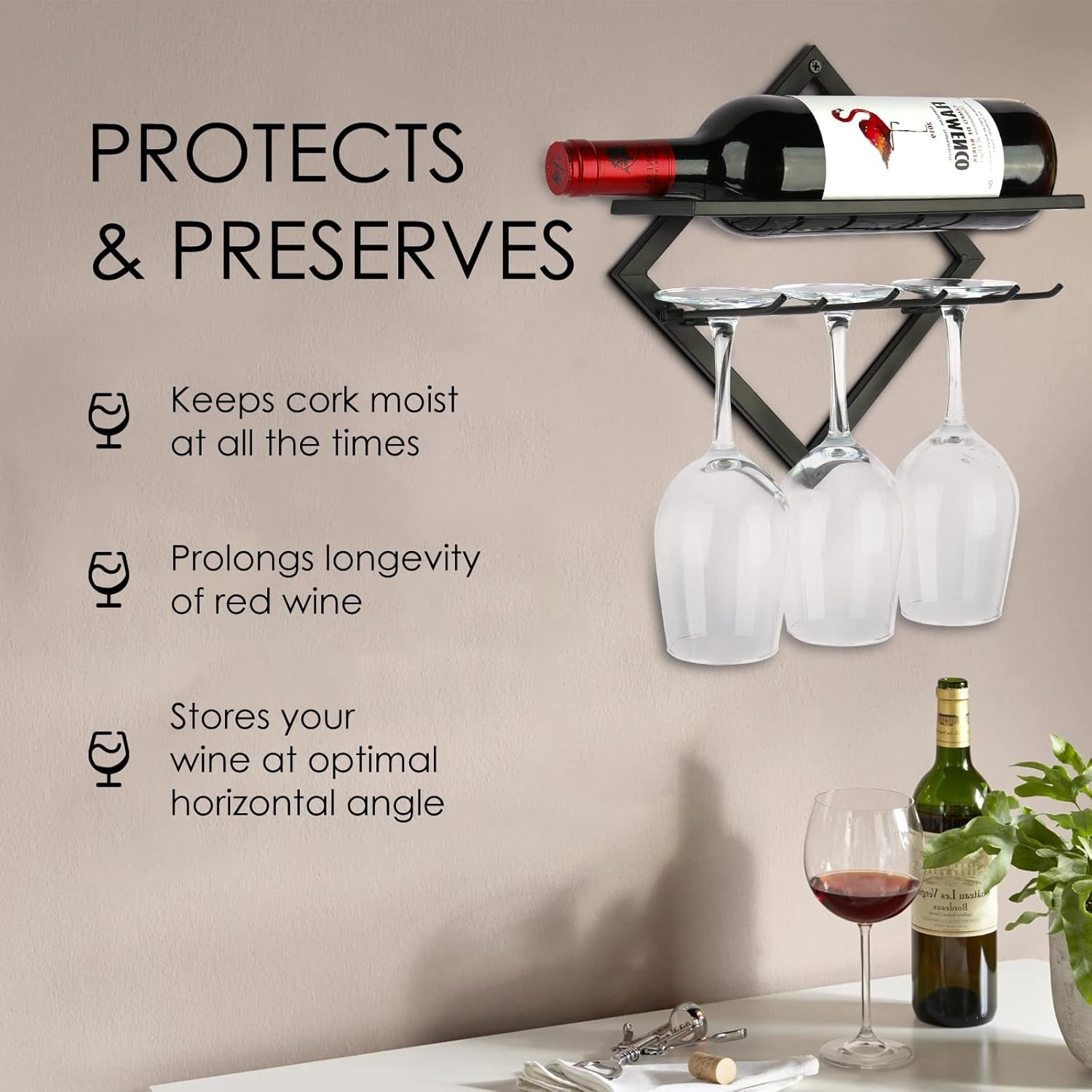 2 Pack Wine Glass Rack Wall Mounted, Collapsible Hanging Wall Wine Rack for Liquor Storage, Metal Wine Glass Holder Wall Mounted with 3 Glass Holders, Wall Mounted Wine Rack for Wine Display Decor