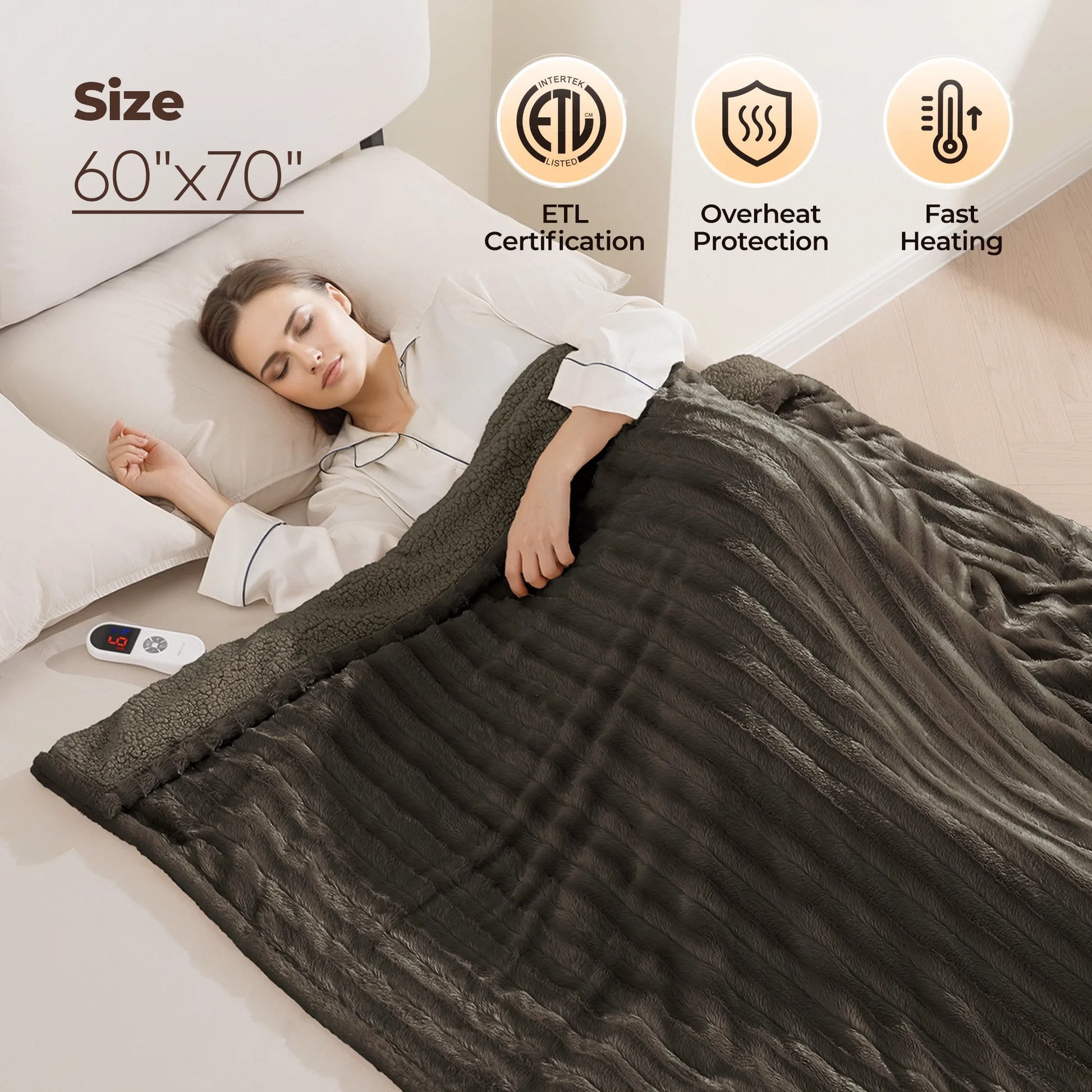 Electric Throw Blanket Extra Large Size, 60" X 70" Soft Faux Fur Heated Throw Blanket, 6 Heating Levels, 4 Hours Timer - Brown