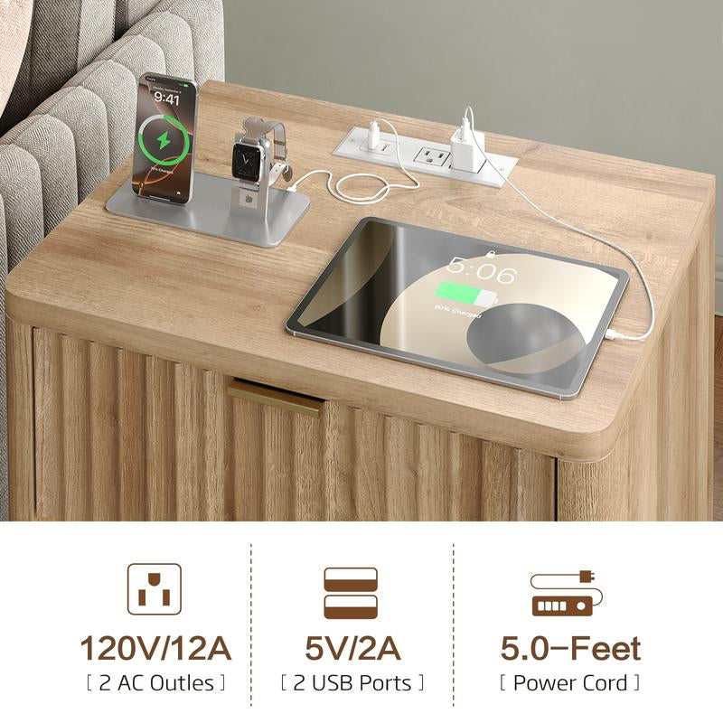 FUSOU Night Stand with Charging Station, Large LED Nightstand with Drawer and Storage Shelf, Lighting Modes Adjustable, Modern Wood Nightstand Side Table End Table for Bedroom, Living Room, Oak
