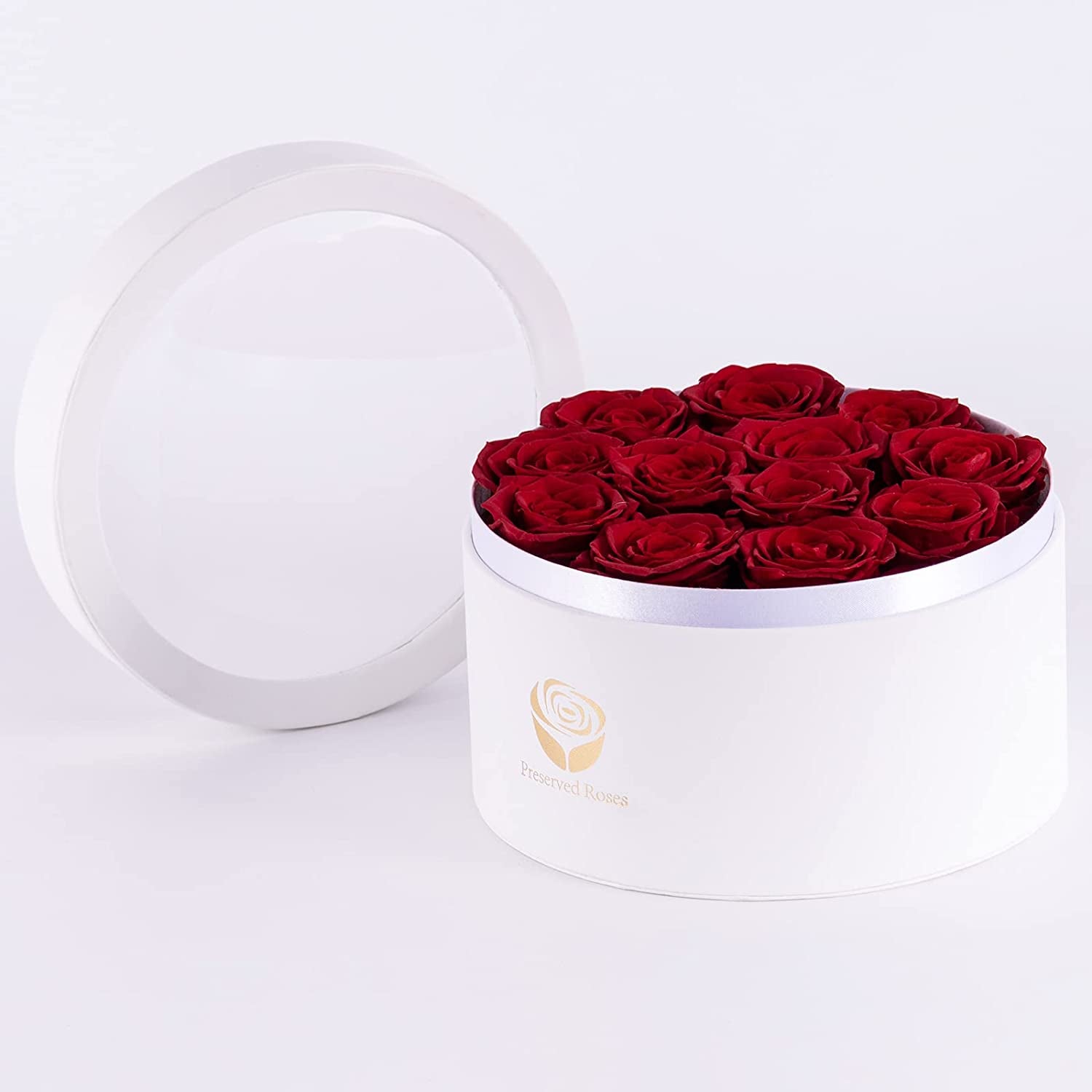 Preserved Real Roses in a Box, Rose Box Gifts for Her, Eternal Roses in a Box, Romantic Gifts for Her, Gift Box for Her/Women/Mother/Friend (12 Red Roses, round White Box)