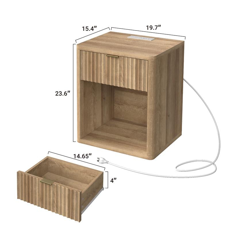FUSOU Night Stand with Charging Station, Large LED Nightstand with Drawer and Storage Shelf, Lighting Modes Adjustable, Modern Wood Nightstand Side Table End Table for Bedroom, Living Room, Oak