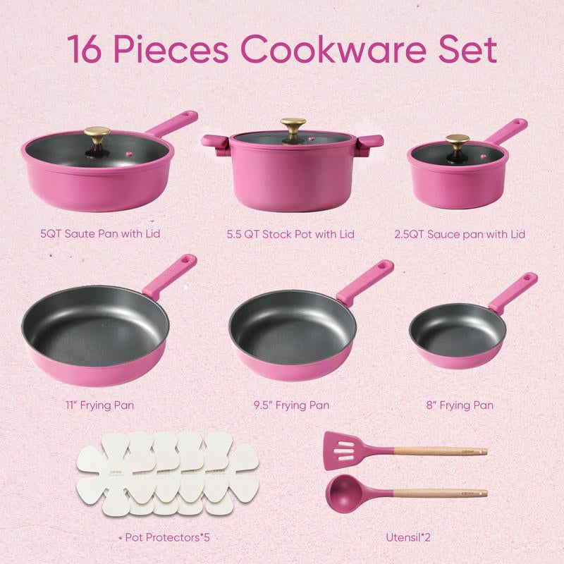 [Official] CAROTE 16Pcs Nonstick Cookware Set, Pots and Pans, Premium Induction Cookware, Durable & Easy to Clean, Large Frying Pan, Rose Pink& Lemon Drop