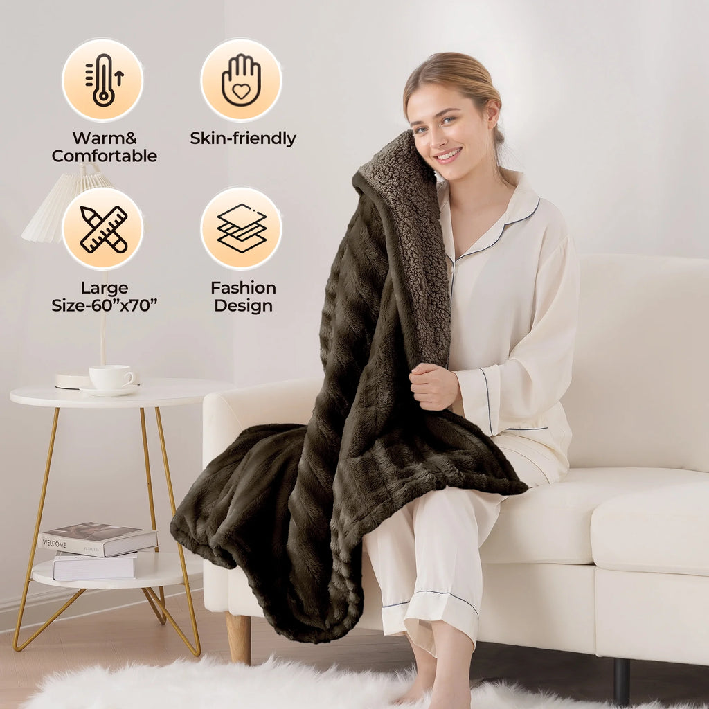 Electric Throw Blanket Extra Large Size, 60" X 70" Soft Faux Fur Heated Throw Blanket, 6 Heating Levels, 4 Hours Timer - Brown