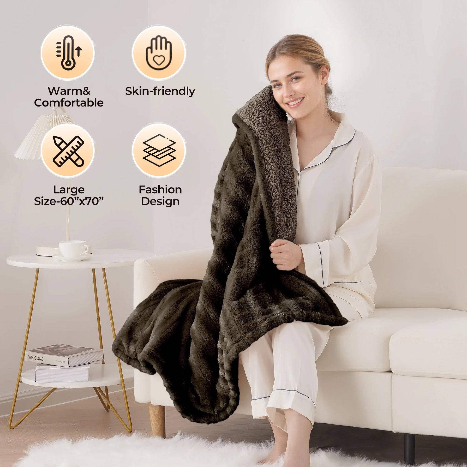 Electric Throw Blanket Extra Large Size, 60" X 70" Soft Faux Fur Heated Throw Blanket, 6 Heating Levels, 4 Hours Timer - Brown