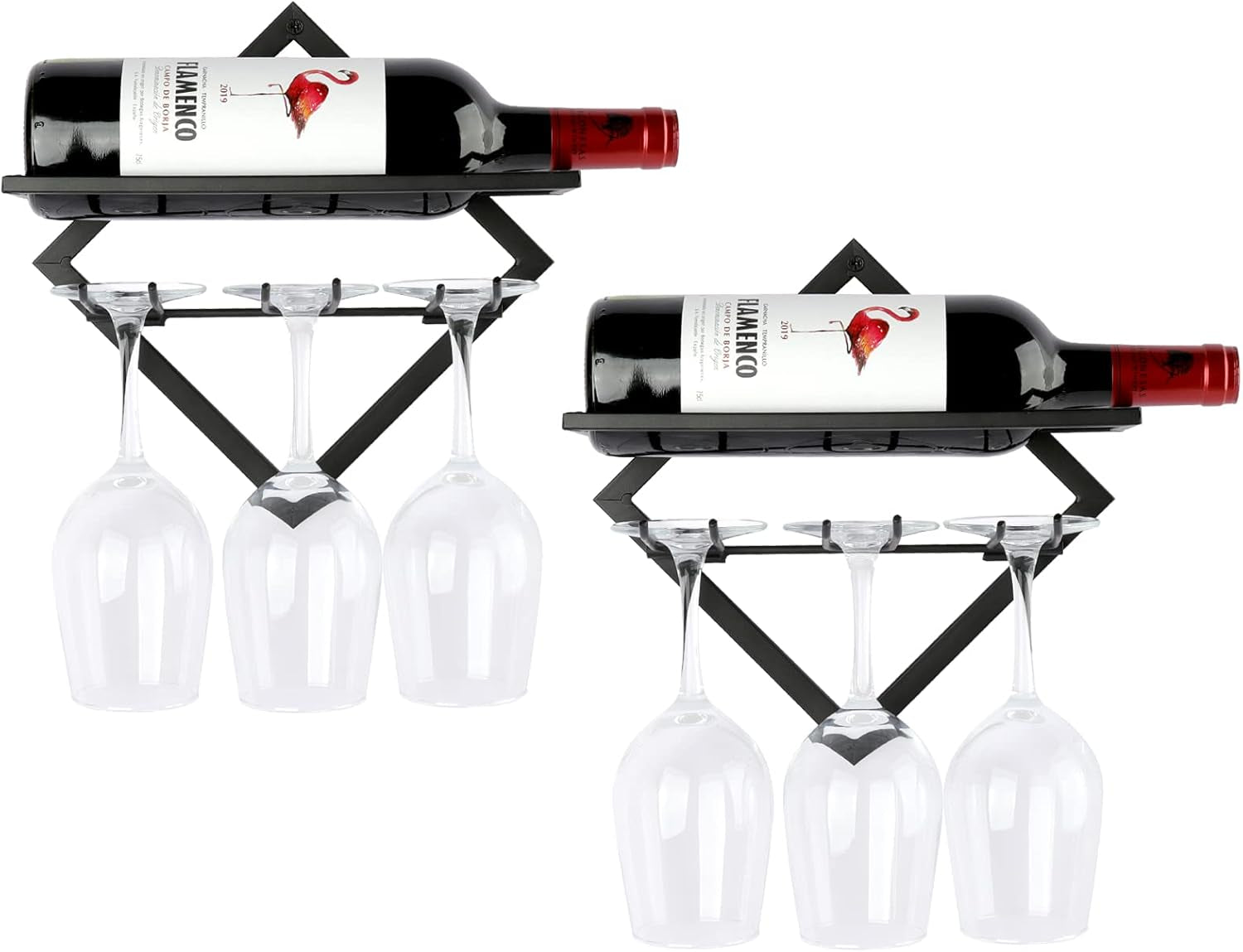 2 Pack Wine Glass Rack Wall Mounted, Collapsible Hanging Wall Wine Rack for Liquor Storage, Metal Wine Glass Holder Wall Mounted with 3 Glass Holders, Wall Mounted Wine Rack for Wine Display Decor