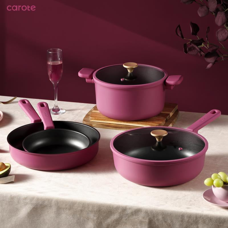 [Official] CAROTE 16Pcs Nonstick Cookware Set, Pots and Pans, Premium Induction Cookware, Durable & Easy to Clean, Large Frying Pan, Rose Pink& Lemon Drop
